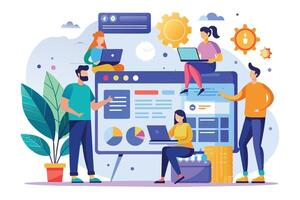 Illustration of a website design team collaborating on a project, giving feedback and input on design and functionality. vector