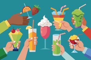 An illustration of eight hands holding colorful cocktails, featuring a variety of styles, toppings, and garnishes. vector
