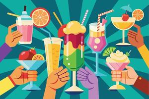 A vibrant illustration of six different cocktails held up in the air by diverse hands, with a colorful background of sunrays. vector