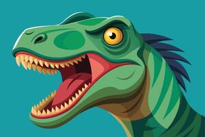 Close-up digital illustration of a green dinosaur head with mouth open, sharp teeth, and yellow eye staring, on teal background. vector