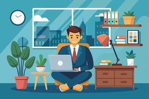 A businessman sits in a chair with his legs crossed, working on a laptop in a modern office. The room has a large window with a cityscape view. vector
