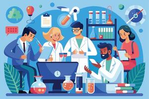 Scientists of diverse backgrounds collaborate in a modern lab, dressed in lab coats, using high-tech equipment. They work on a drug or therapy project. vector