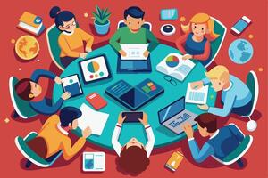 An illustration of a diverse group of people working together around a table, using various digital devices, paper documents, and other tools. vector