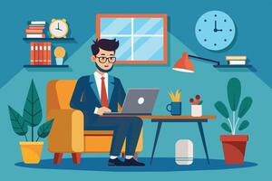 An illustration of a man wearing a suit and glasses working on a laptop in a home office setting. The room features a desk with a lamp, potted plants, and bookshelves with books. vector