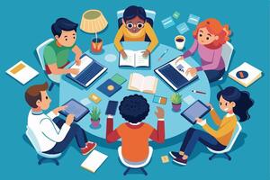 A group of six students sit around a table in a classroom, collaborating on a project. Each student is working on a different task, using a variety of technology and resources. vector
