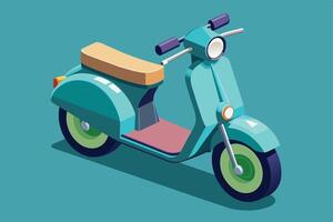 A teal and brown vintage motor scooter with a brown seat is shown on a blue background in a flat, isometric design. vector