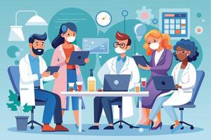 A group of medical professionals, including doctors and nurses, are gathered around a table, wearing masks and engaging in a collaborative meeting. vector