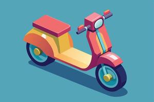 An illustration of a red and yellow scooter in an isometric view on a blue background. vector