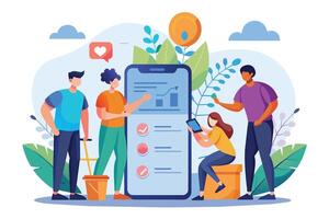 An illustration of four people working together to design a mobile app interface. They are using a large smartphone as a canvas, with checkboxes, charts, and icons on the screen. vector