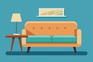 A modern couch, a lamp, and a side table sit in a blue room. The couch has a light orange frame and a teal cushion. A lamp with a yellow shade is on the side table. vector