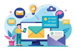 An illustration depicting a man using his computer and phone to send email messages, with various icons representing the tools and elements of digital communication. vector