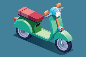 A digital illustration of a green scooter with a red seat and orange mirrors. The scooter is viewed from an isometric perspective. vector