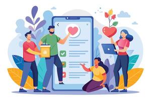 An illustration shows four people using a popular app on a large smartphone with a heart icon, animated and engaged in different ways. vector
