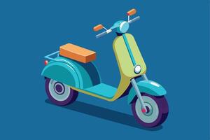 An isometric illustration of a vintage scooter, with a blue and yellow color scheme, against a solid blue background. vector