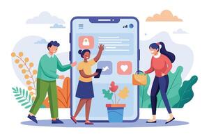 This illustration depicts people using a mobile phone app for social media. They are interacting with each other through the app, sending messages and sharing content. vector