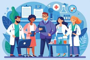 A varied team of medics, in lab coats, analyze research data on a tablet in a colorful lab. They exude confidence and professionalism. vector