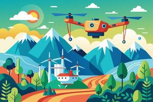 A colorful illustration of a drone flying over a mountainous landscape with wind turbines and a small house in the valley. vector