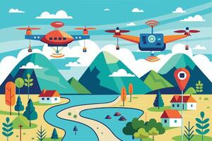 Two drones fly over a colorful landscape with mountains, a river, and small houses. The drones are depicted in a cartoon style, with one red and the other orange. vector