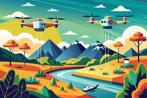 A vibrant illustration depicting two drones flying above a mountain range. The scene features a winding river, trees, and a peaceful valley, painted in a colorful and stylized manner. vector