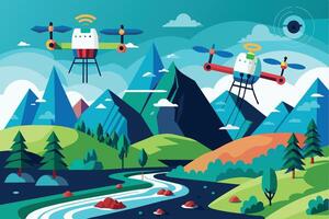 An illustration featuring two drones flying over a mountainous landscape with a winding river. The drones are colorful and detailed, with propellers and landing gear visible. vector