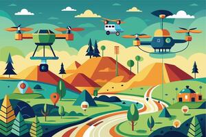 A colorful illustration of three drones flying over a winding road in a landscape with hills, trees, and a small building. vector