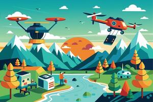 An illustration shows two drones flying over mountains at sunset, carrying packages. It portrays a peaceful scene highlighting natures beauty. vector