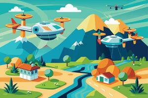 A cartoon illustration featuring three drones flying over a colorful landscape with mountains, rivers, trees, and two houses. vector