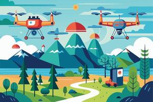 An illustration depicting two drones flying over a mountain range, with a winding road leading through a forested area below. vector