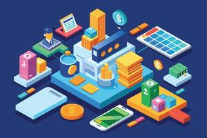 A colorful isometric illustration depicting various elements related to financial growth and technology, including a smartphone, calculator, coins, and a businessman. vector