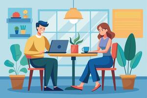 A man and a woman are sitting at a table in a cafe, working on their laptops. They are both smiling and appear to be enjoying their work. vector
