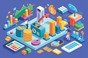 An illustration depicting business growth and financial success, with various charts, graphs, and symbols representing financial progress and profit. vector