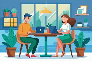 A man and woman work on laptops at a table in a room with a city skyline view, plants, and a shelf of books. vector