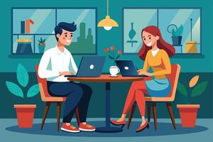A man and a woman are working on laptops at a cafe table. They are both smiling and seem to be enjoying their work. vector