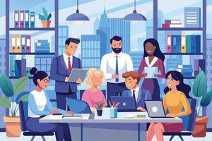 A group of diverse office workers collaborates on a project in a modern office setting. vector