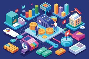 Image of two businessmen discussing investments in a financial network. Includes gold coins, buildings, graphs, and lines connecting assets. vector