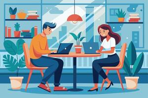 A man and a woman sit at a table in a modern office, each working on a laptop. They are both focused on their work and look relaxed and comfortable. vector