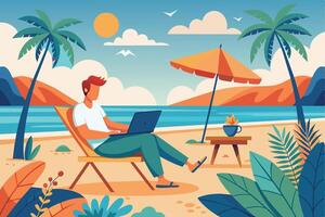A man sits on a beach chair with a laptop in his lap, working while enjoying a tropical beach setting with palm trees, an umbrella, and a clear blue sky. vector