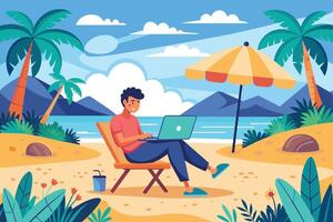 A man sits in a chair on a sandy beach, working on a laptop under a beach umbrella. Palm trees and a blue ocean surround him. vector