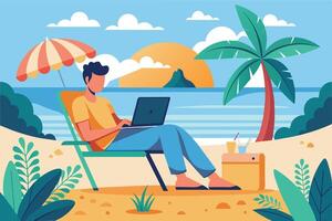 A man relaxes on a beach chair, working on his laptop under an umbrella. The sun is setting, creating a warm glow over the tropical beach scene. vector