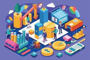 An isometric illustration shows business professionals analyzing financial data and growth strategies with charts, graphs, coins, and symbols of success. vector