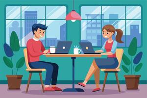 Two people are working on their laptops while sitting at a table in an office. There are windows with a city view in the background. vector