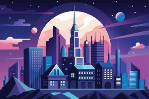 A vibrant, colorful illustration of a futuristic city skyline at night, with a large, full moon in the background. vector