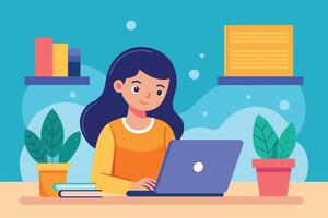 A woman sits at a desk with a laptop in front of her. She has books on a shelf behind her and plants beside her. vector