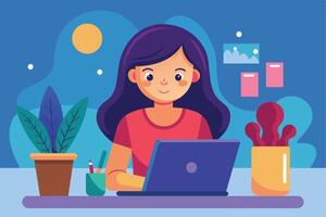A woman sits at a desk with a laptop, surrounded by plants. She is smiling and appears to be focused on her work. vector