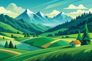 A digital illustration of a scenic mountain landscape with a small house and a winding path. The image features snow-capped mountains, rolling green hills, and a blue sky with white clouds. vector