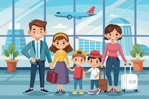 A cartoon illustration of a family of four standing in an airport terminal, ready to board a flight. They are all smiling and holding luggage. vector