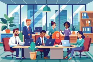 A group of diverse office workers collaborate on a project in a modern office setting. vector