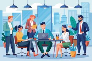 Five diverse business professionals are working together in a modern office space with a cityscape view, collaborating on a project to show teamwork and communication. vector