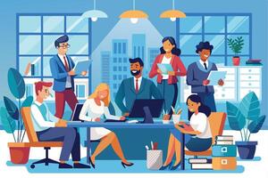 A diverse team of professionals work together in a modern office setting. They are all smiling and appear to be engaged in their work. vector