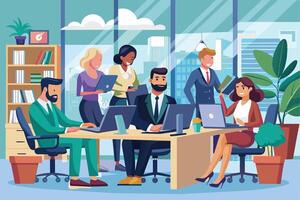 A group of diverse office workers collaborate on a project in a modern office setting. They are using laptops and working together to achieve a common goal. vector
